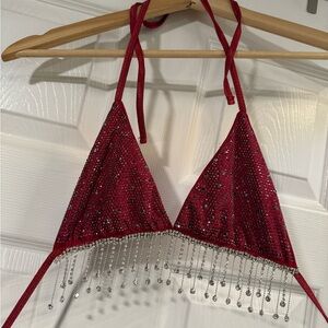 Burgundy Rhinestone Triangle Top With Diamond Fringe